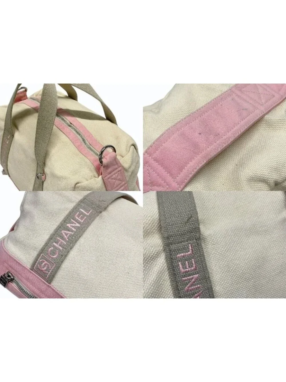 Chanel Sports Line Boston Bag CC Logo Canvas Ivory Pink Silver