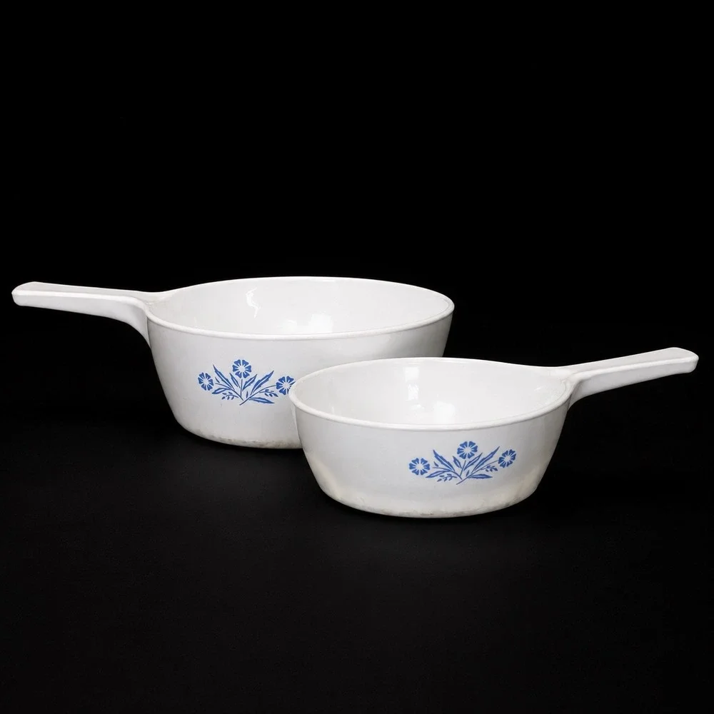 Corning Ware Blue Cornflower Skillet Set 1 Pint P-81-B & 1/2 Pint 701-B White