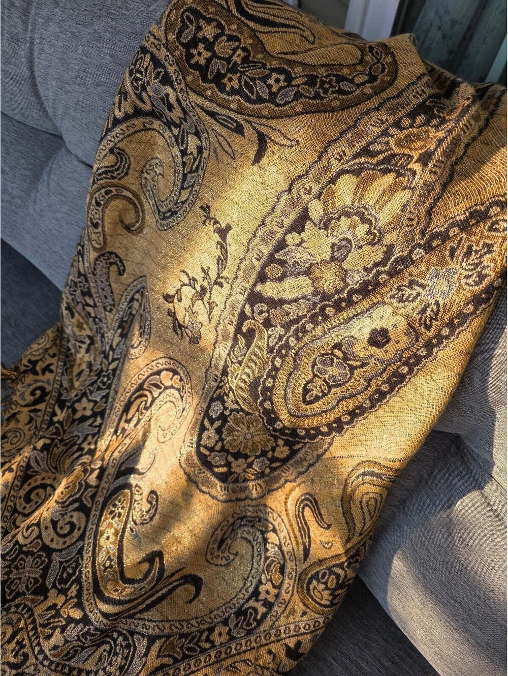 Elegant Gold and Black Paisley Patterned Shawl or scarf with Fringe Edges