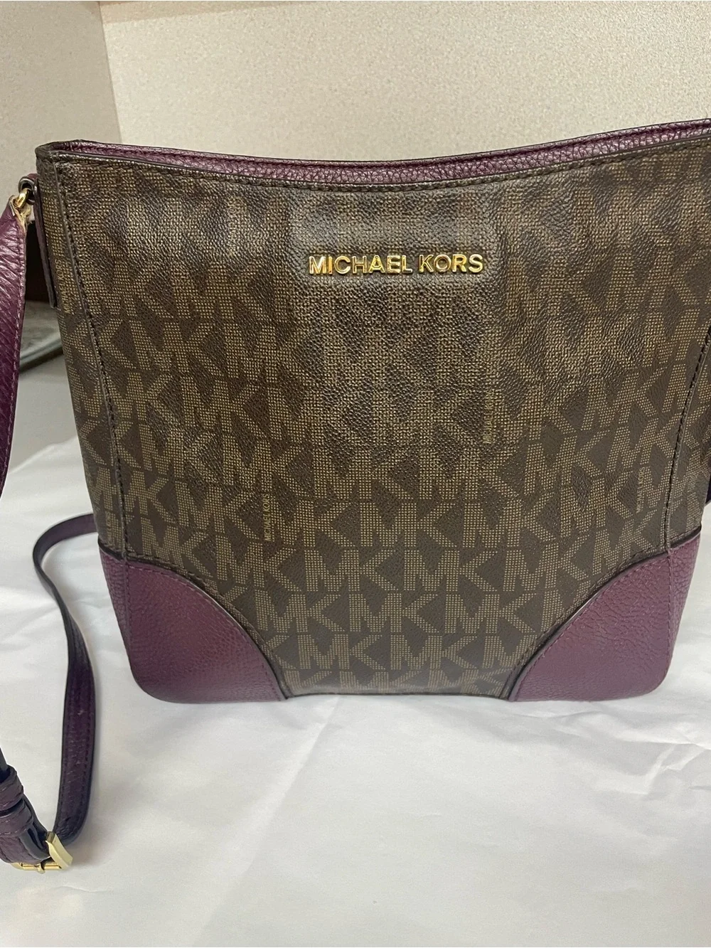 Michael Kors Brown Monogram Crossbody with Plum Accents