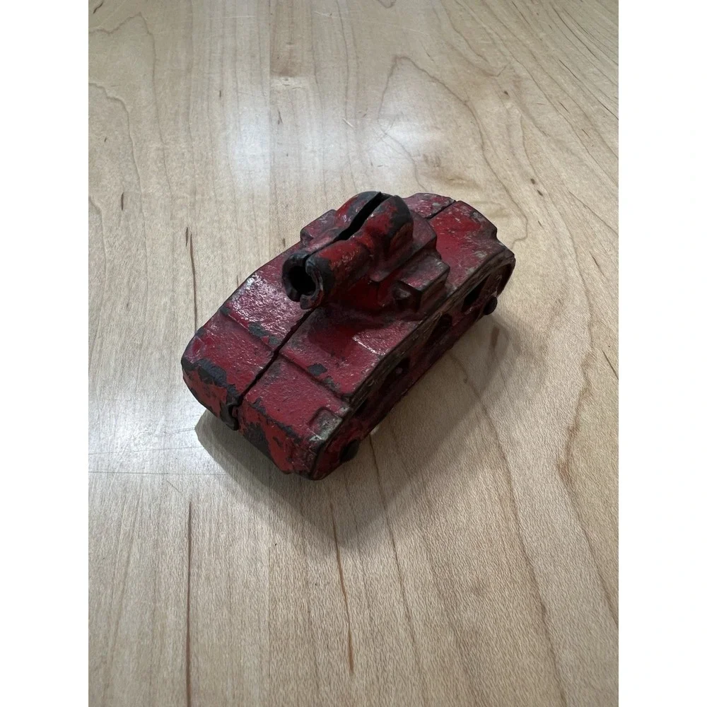 Vintage Antique Cast Iron Military Tank Toy Red Early Mortar Car Canon