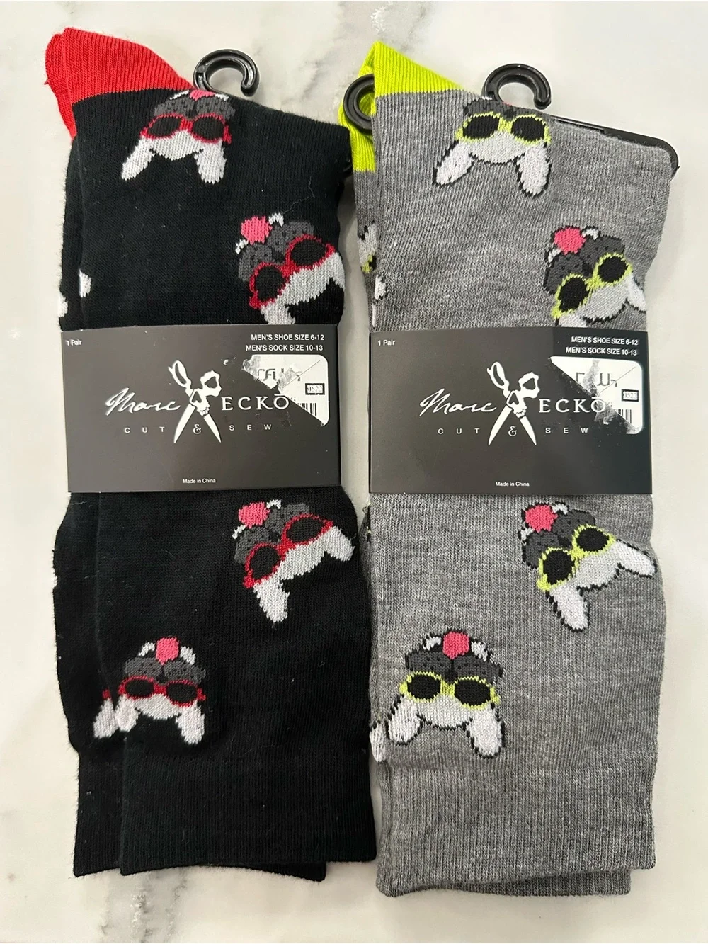 Marc Ecko Men’s Dog-Print Crew Socks - Black & Gray with Neon Accents