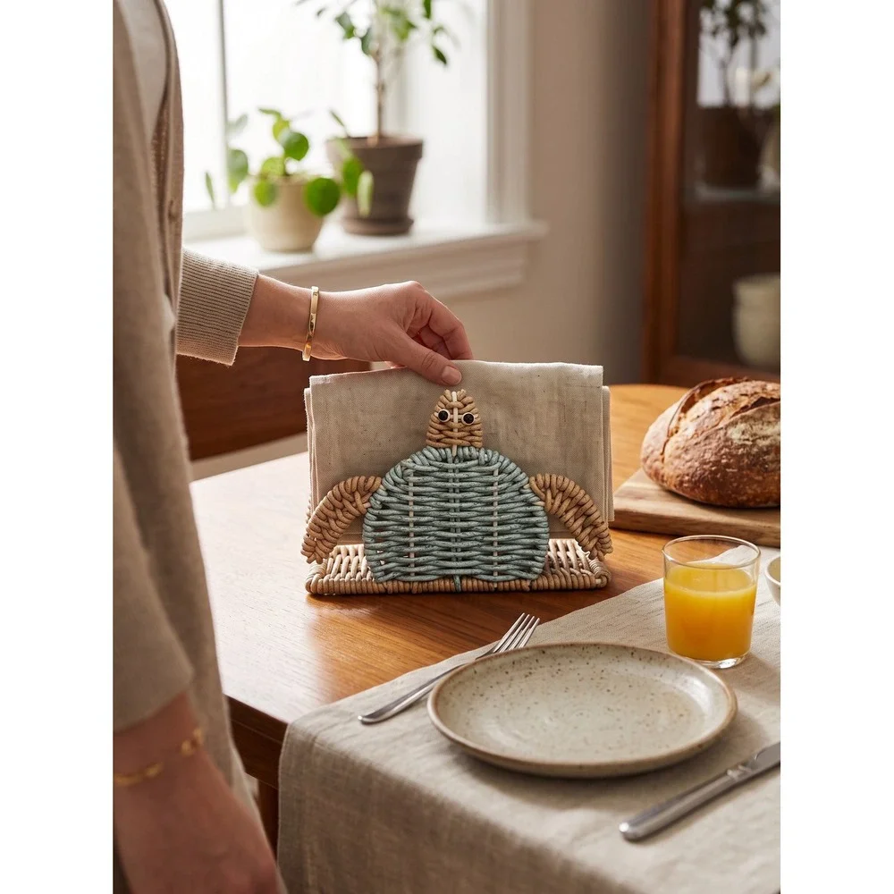 Coastal Woven Sea Turtle Napkin Holder Beach Theme Rattan Style Table Decor