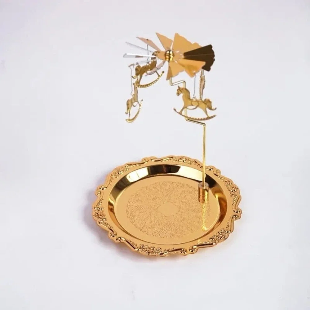 Golden Carousel Candle Holder Tray‎ Heat Spinning Horses retro Story Decor new