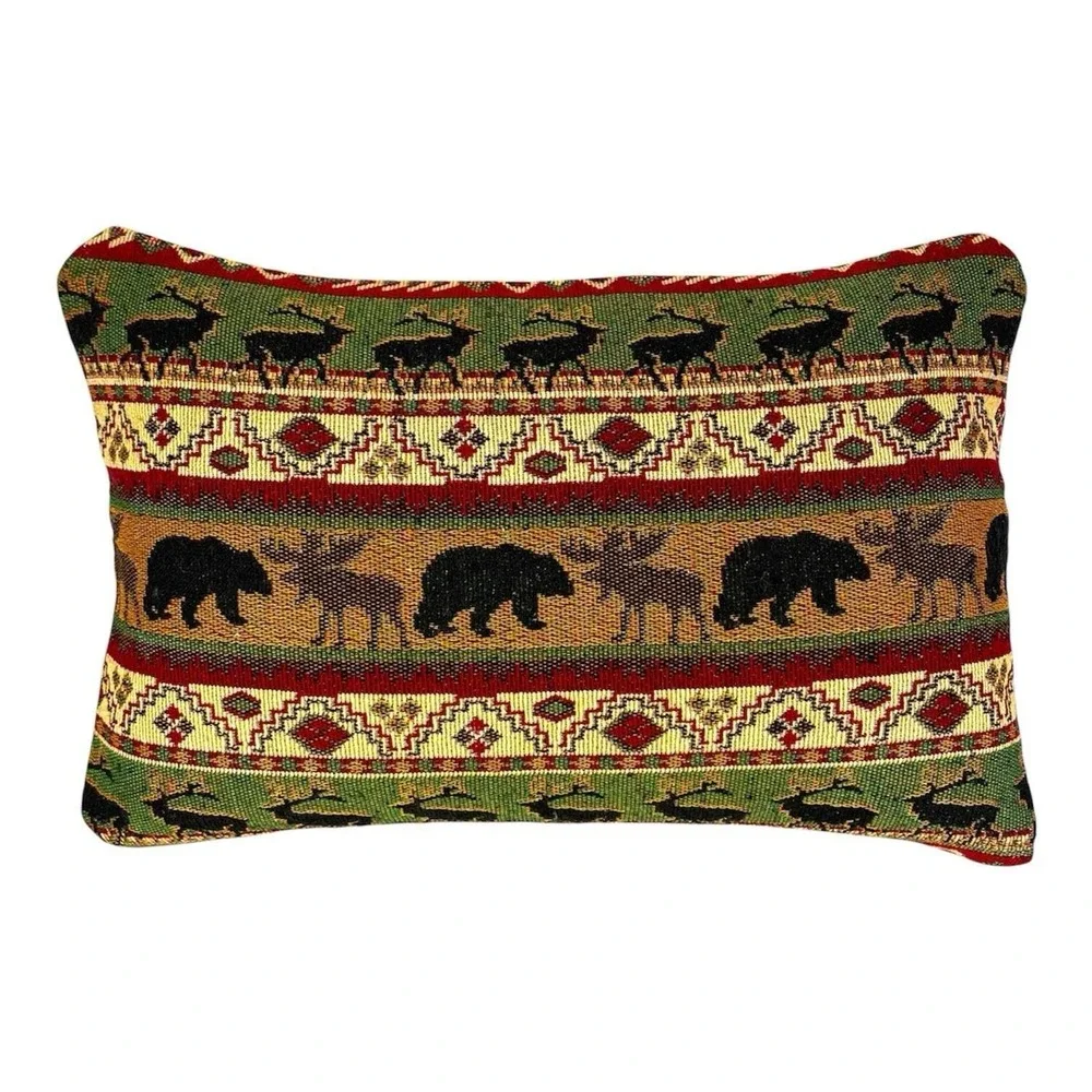 Cabin‎ Wildlife Tapestry Pillow Cover Bear Moose Elk Rustic Lodge 17x11