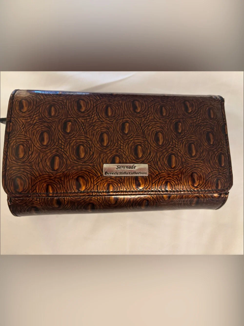 Serenade Beverly Hills Collection Leather Wallet Patent Brown Peacock Feather