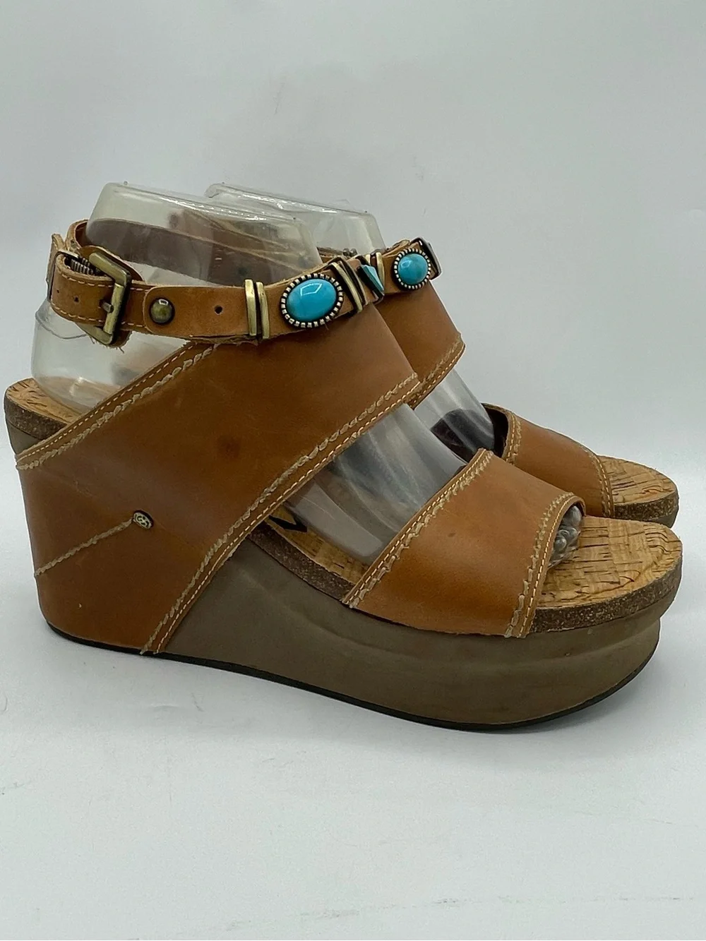 OTBT Layover Brown Leather Wedge Sandals with Turquoise and Metal Stone Accents.