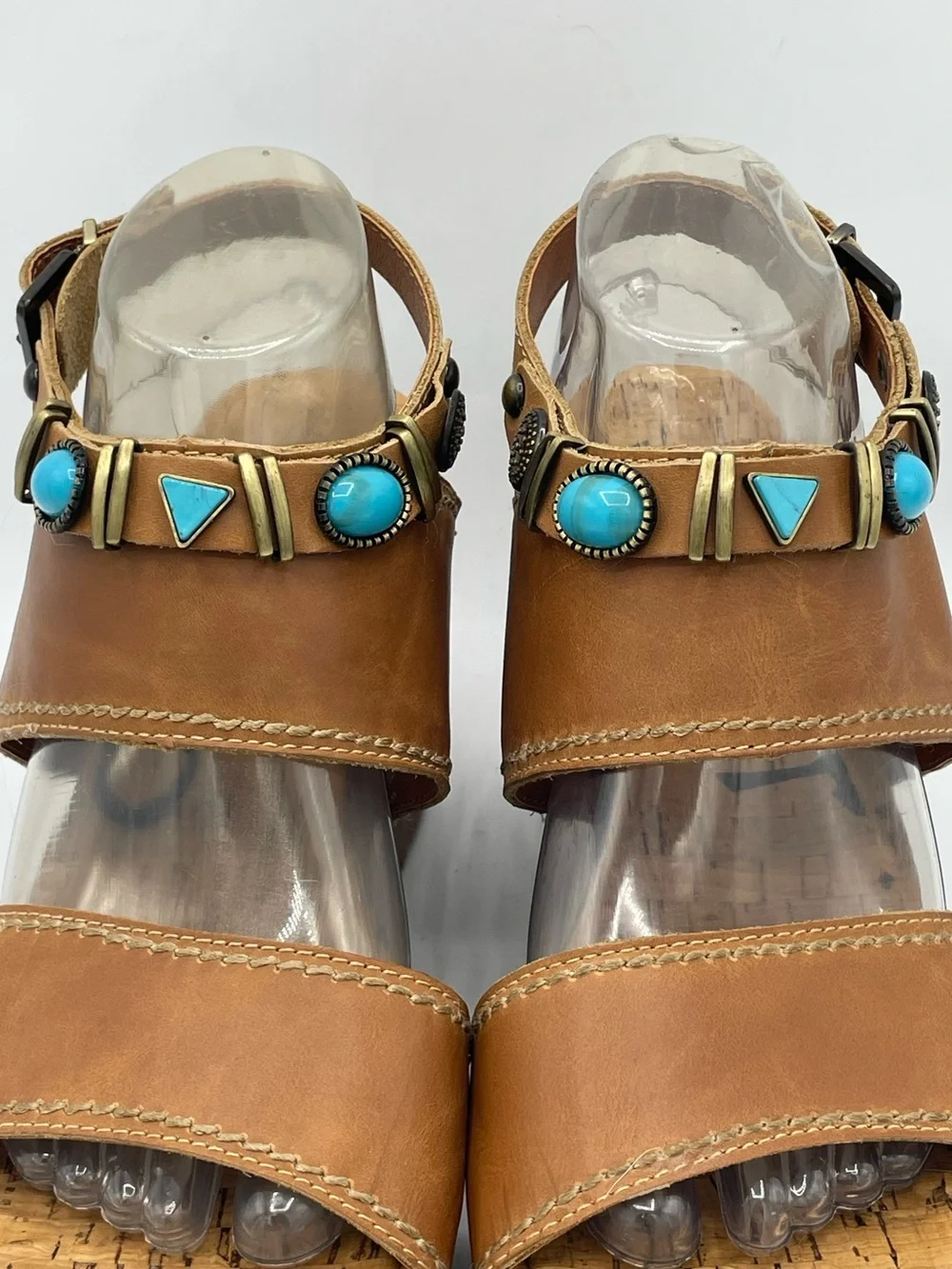 OTBT Layover Brown Leather Wedge Sandals with Turquoise and Metal Stone Accents.