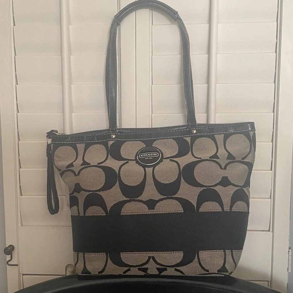 Coach Legacy Stripe Black and Taupe Signature Tote F17433