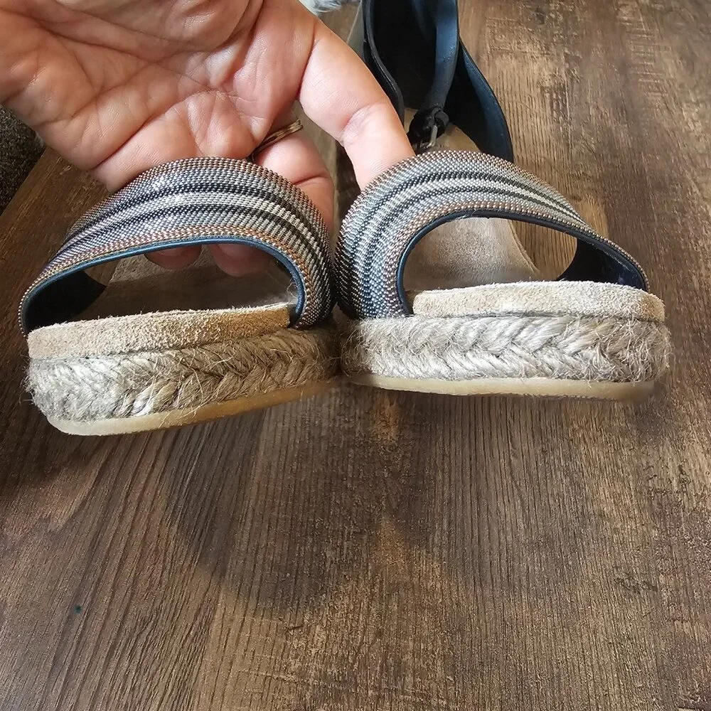 Brunello Cucinelli Monili Ankle Strap Leather Wedge Espadrille Sandals, 39IT/US9