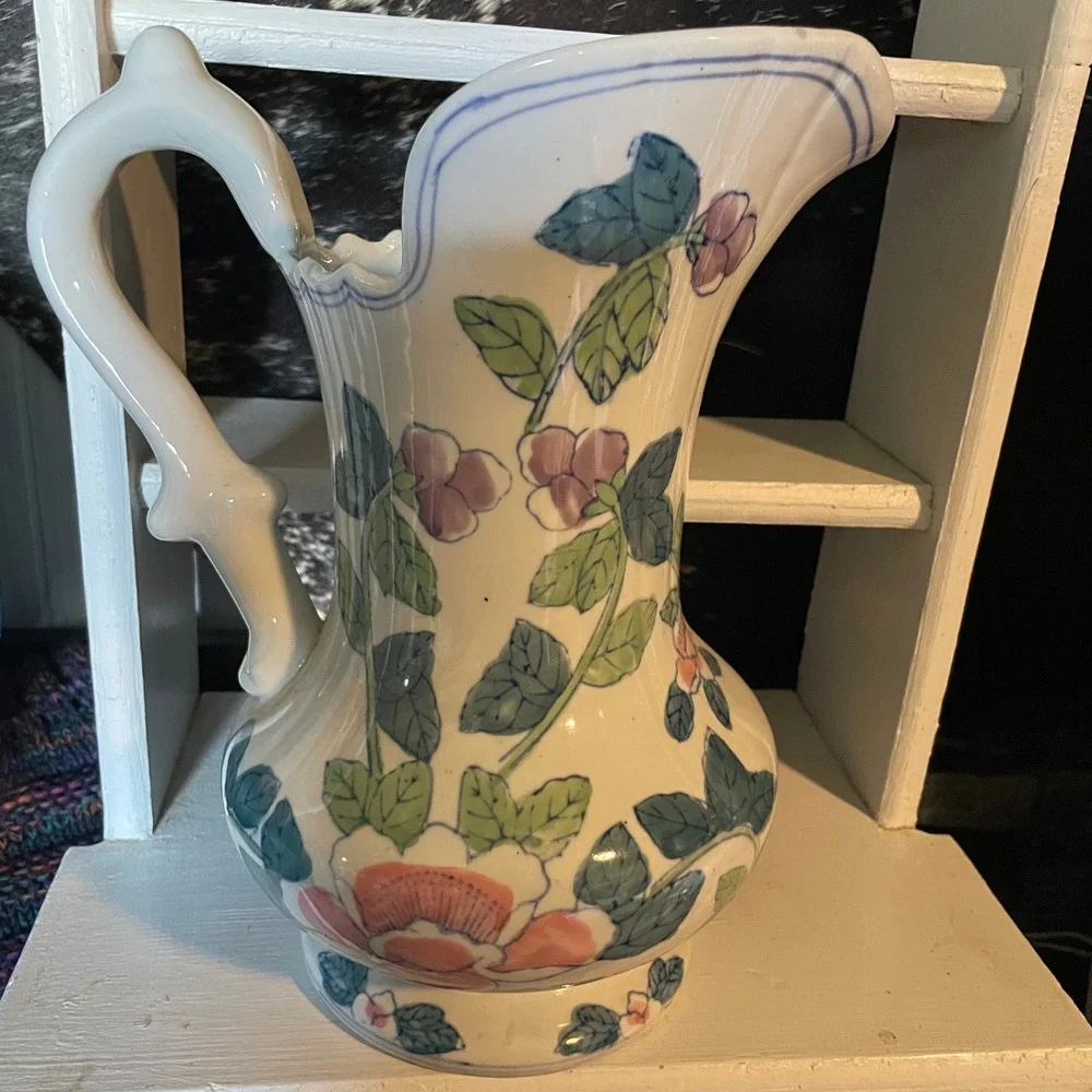 Vintage‎ Floral Pitcher Cream Ceramic Cottagecore Vase Decorative Jug