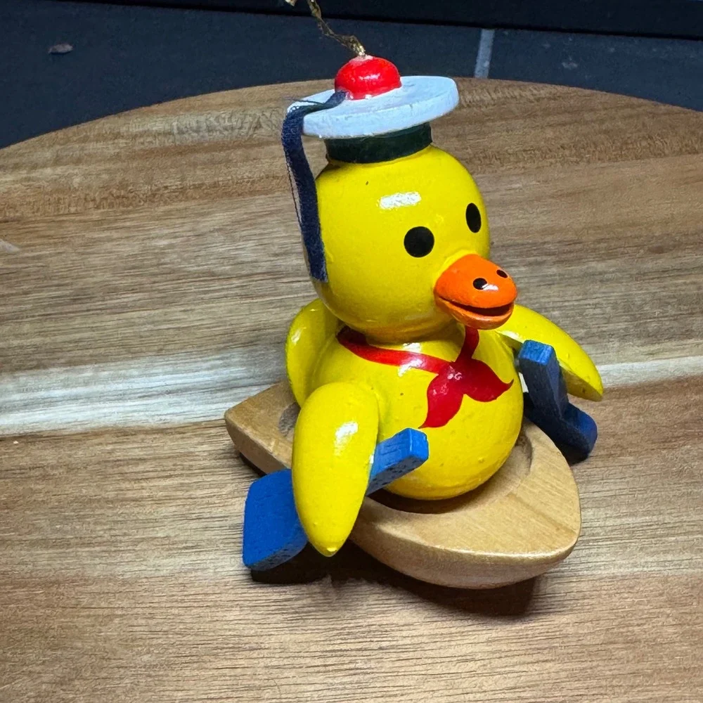 Vintage Wooden Duck Sailor Ornament Rowing Boat Nautical Hand Painted Yellow Oar