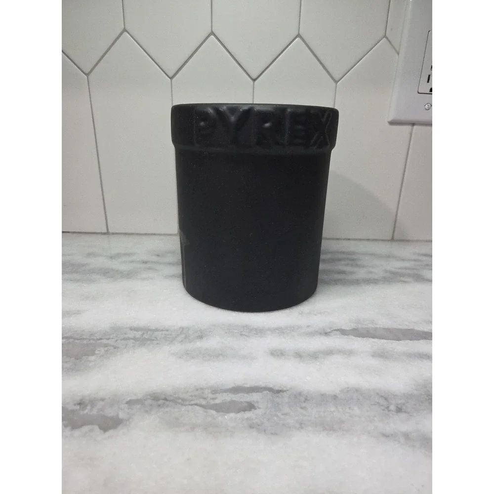 Pyrex Matte Black Utensil Holder, Vintage Kitchen Vessel, Stoneware‎ Vase, Decor