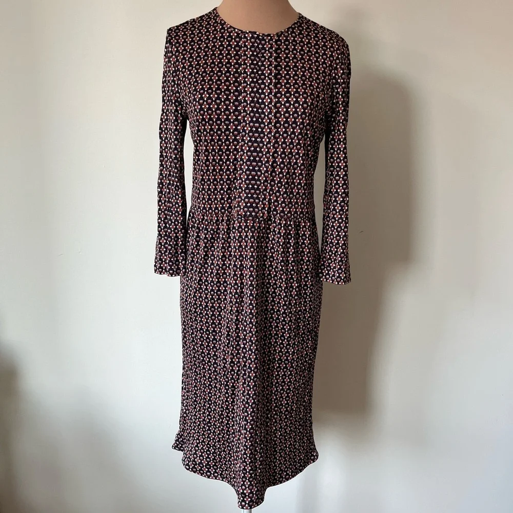 Tory Burch Three Quarter Sleeve Navy Blue Red Floral Printed Silk Dress EUC XS