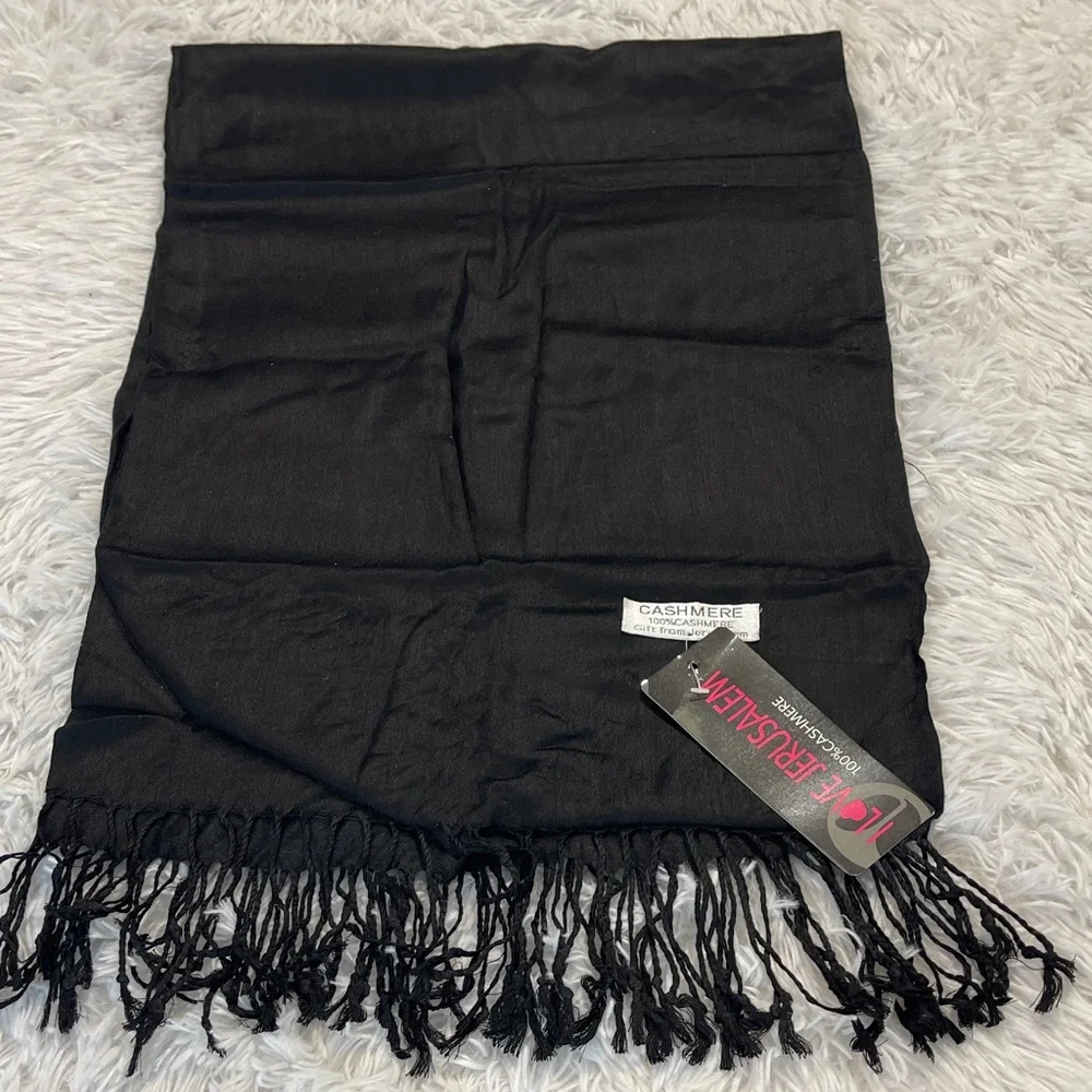 I LOVE JERUSALEM Black Scarf 28 inches WIDE 6 FOOT LONG. 💯 CASHMERE NWT