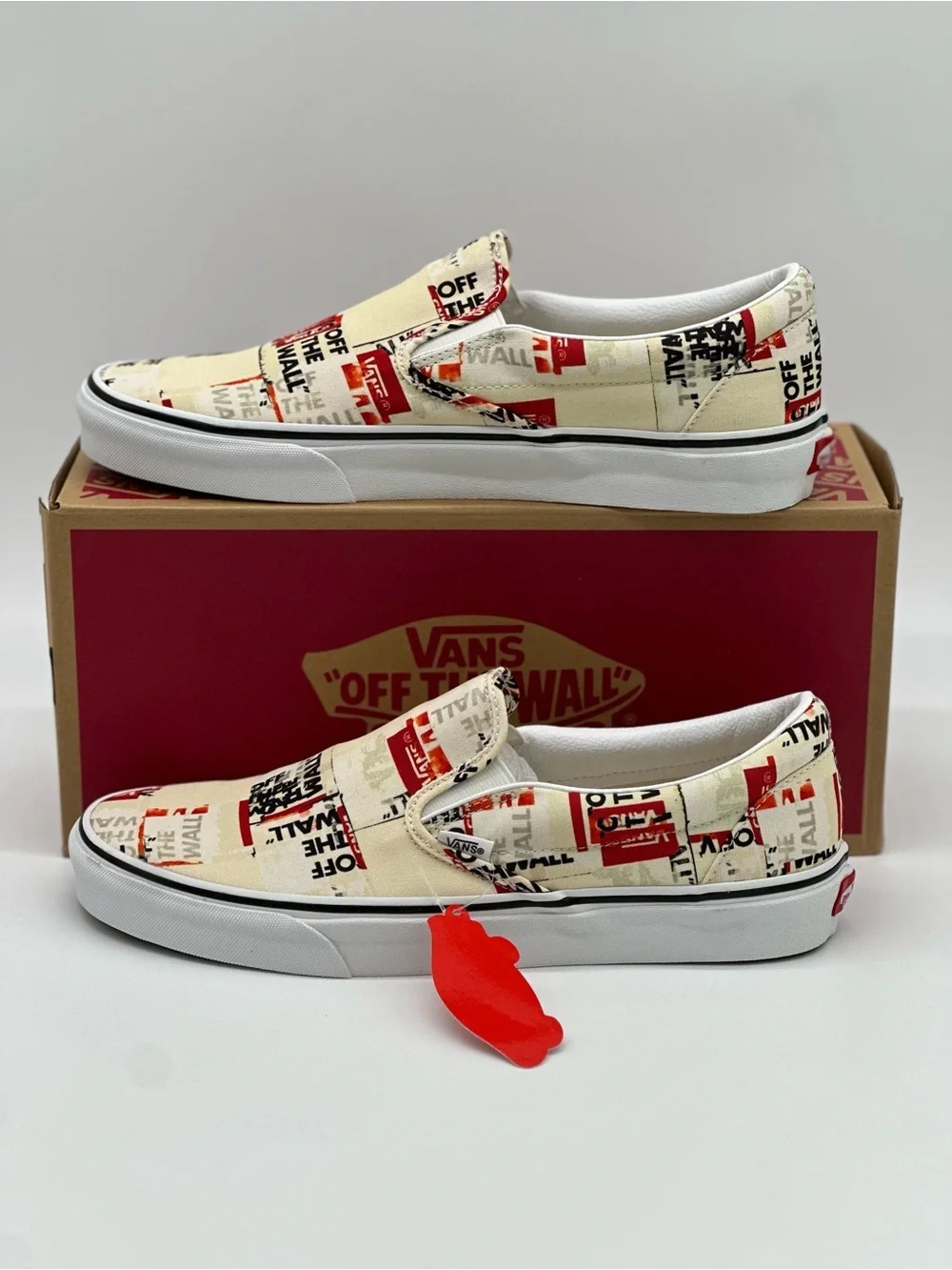 Vans Slip-On Sneakers in Cream, Red & Black Graphic Print