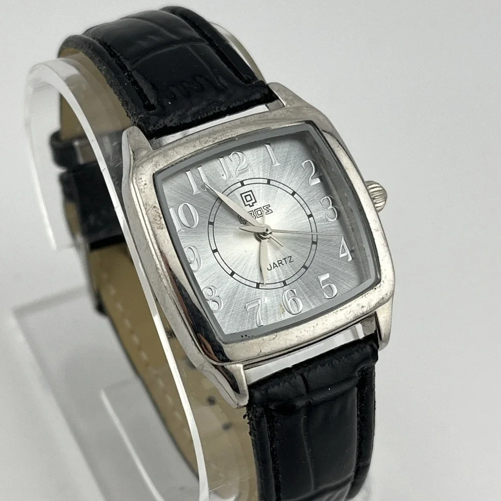 QBOS Watch‎ Women 30mm Silver Case Black Faux Leather Band- New Battery