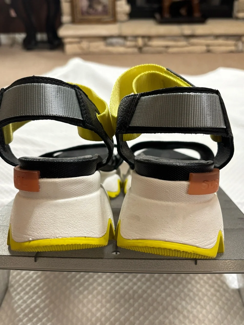 Sorel Black Platform Sandals with Yellow Straps