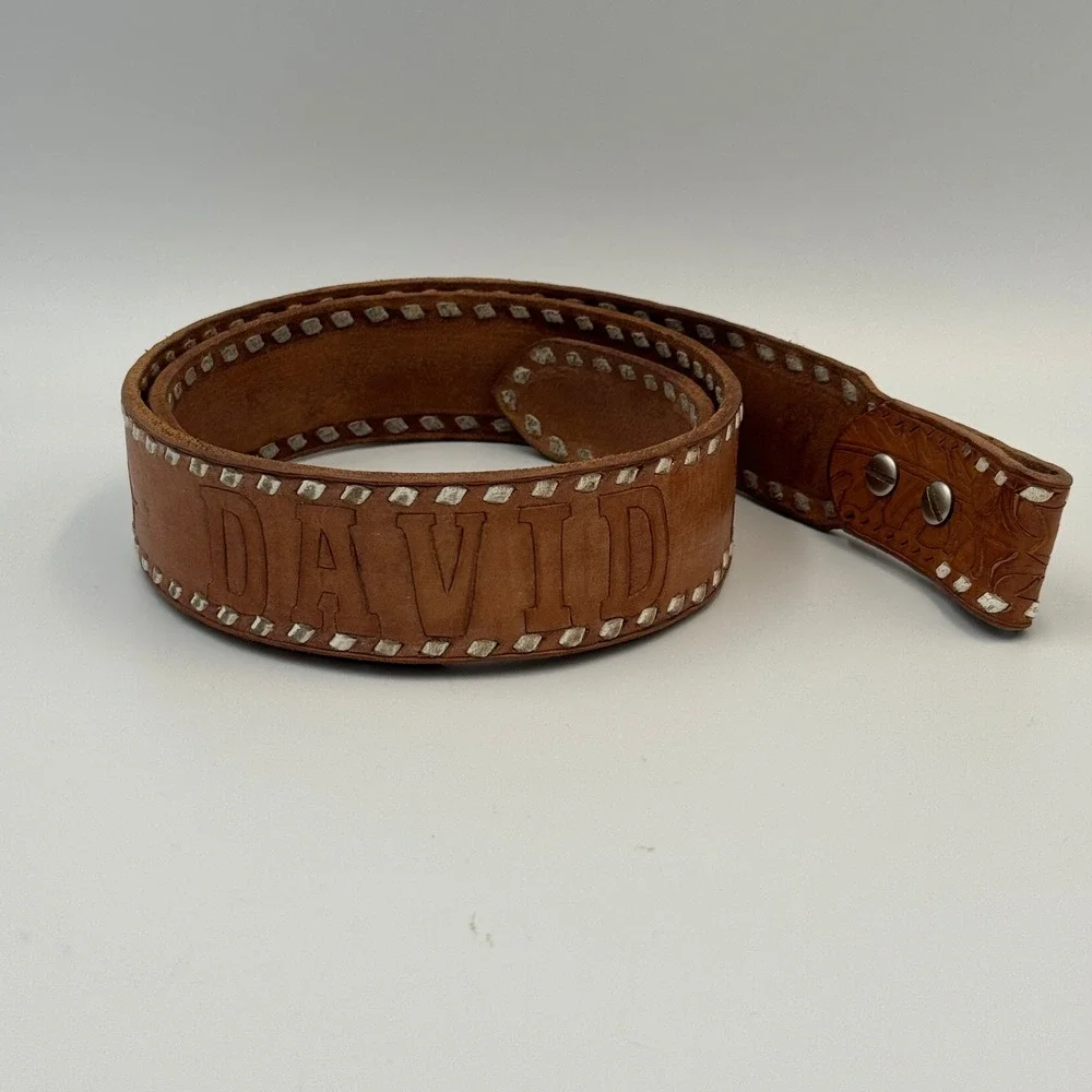 Custom Tooled Leather Belt David Personalized Buckstitch Western Tan Brown‎