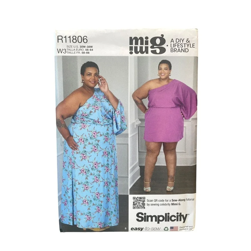 Simplicity R11806 Women's Caftan 30W-38W One Shoulder Easy-to-Sew Plus Size