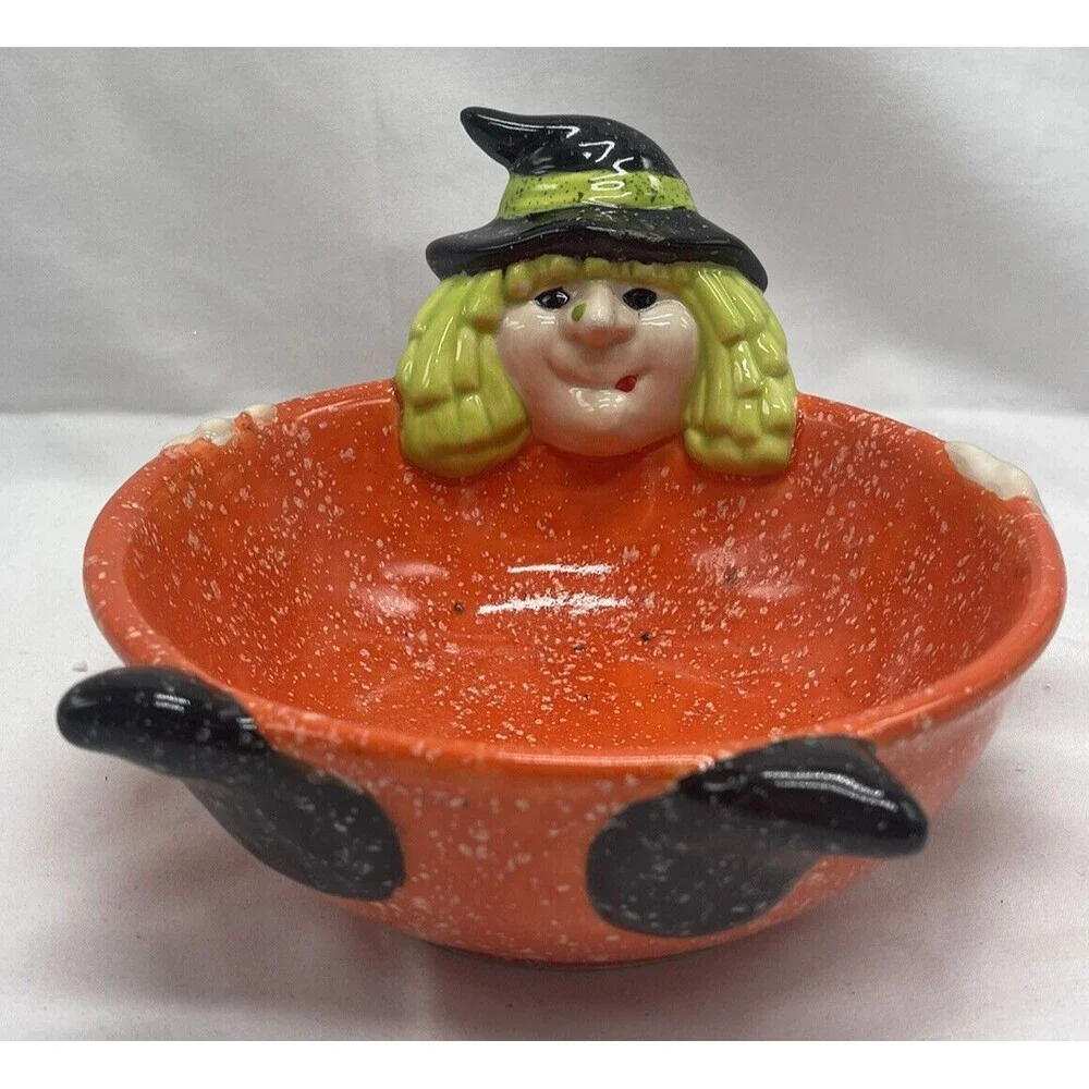 Cloe K Halloween Witch Candy Dish Bowl Ceramic Orange Green Black RARE