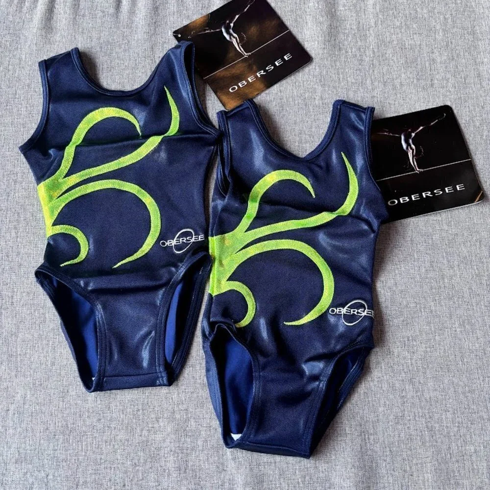 2 Pcs Obersee Girl's Gymnastics Leotards, Navy/Green Strands, Child XXS