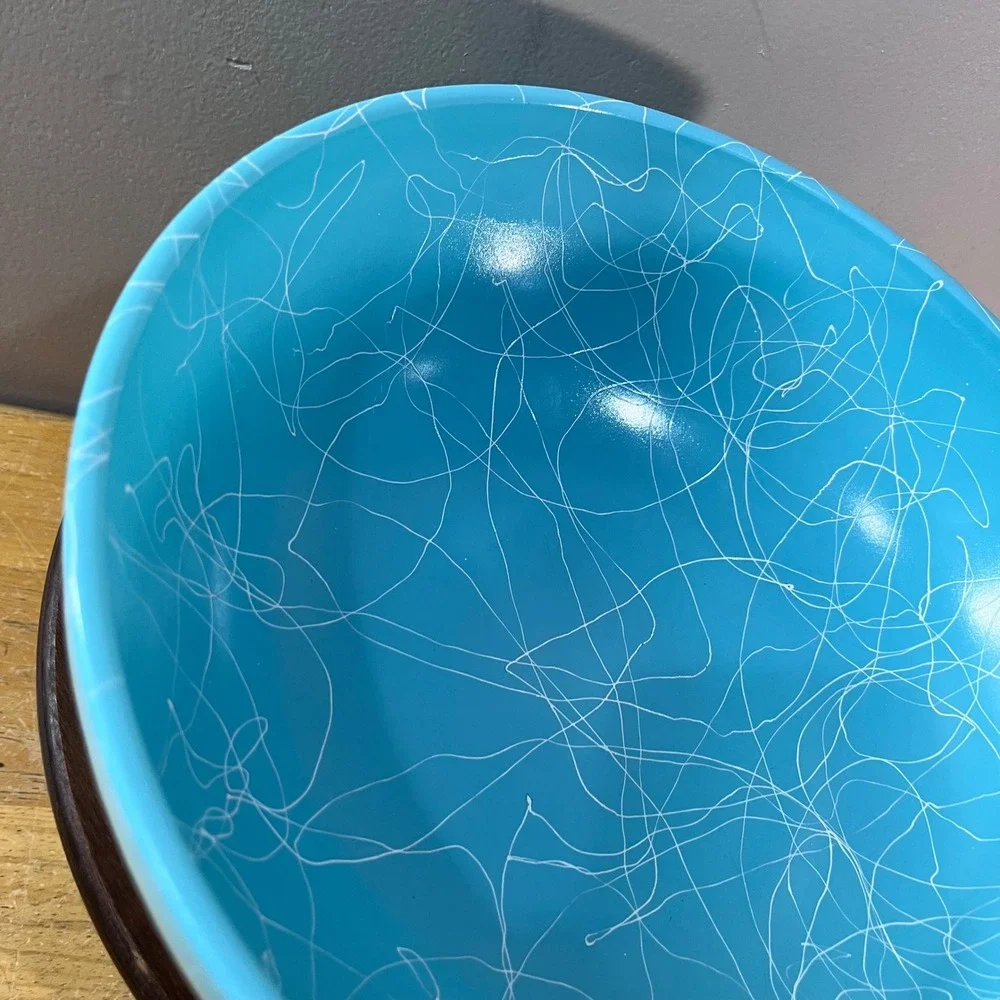 Vtg Hazel Atlas Turquoise Spaghetti Drizzle Milk Glass Mixing Bowl 10