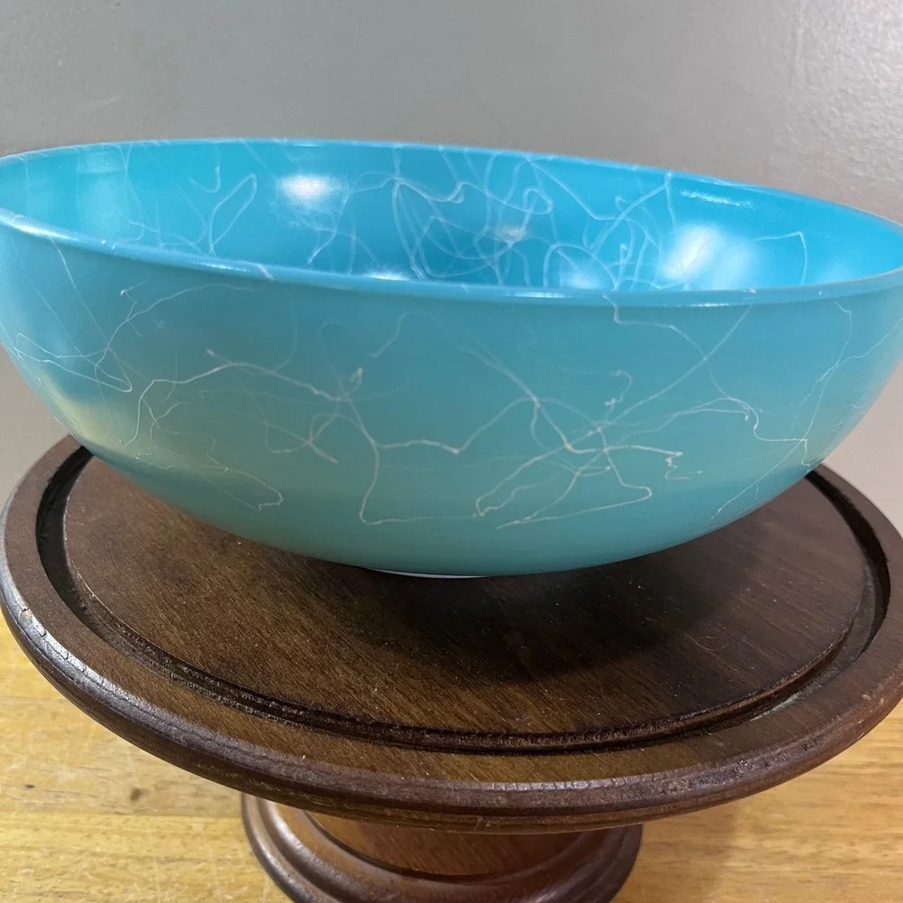 Vtg Hazel Atlas Turquoise Spaghetti Drizzle Milk Glass Mixing Bowl 10