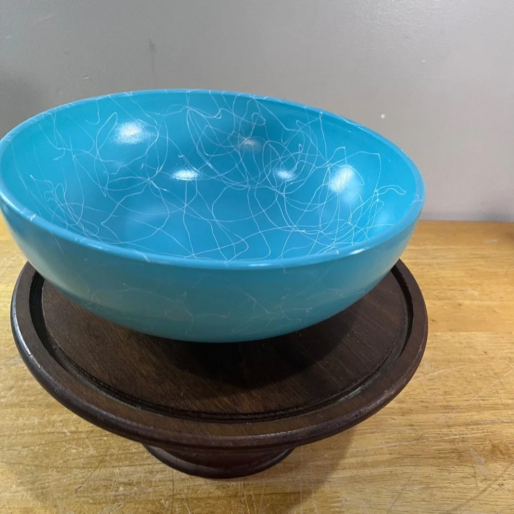 Vtg Hazel Atlas Turquoise Spaghetti Drizzle Milk Glass Mixing Bowl 10