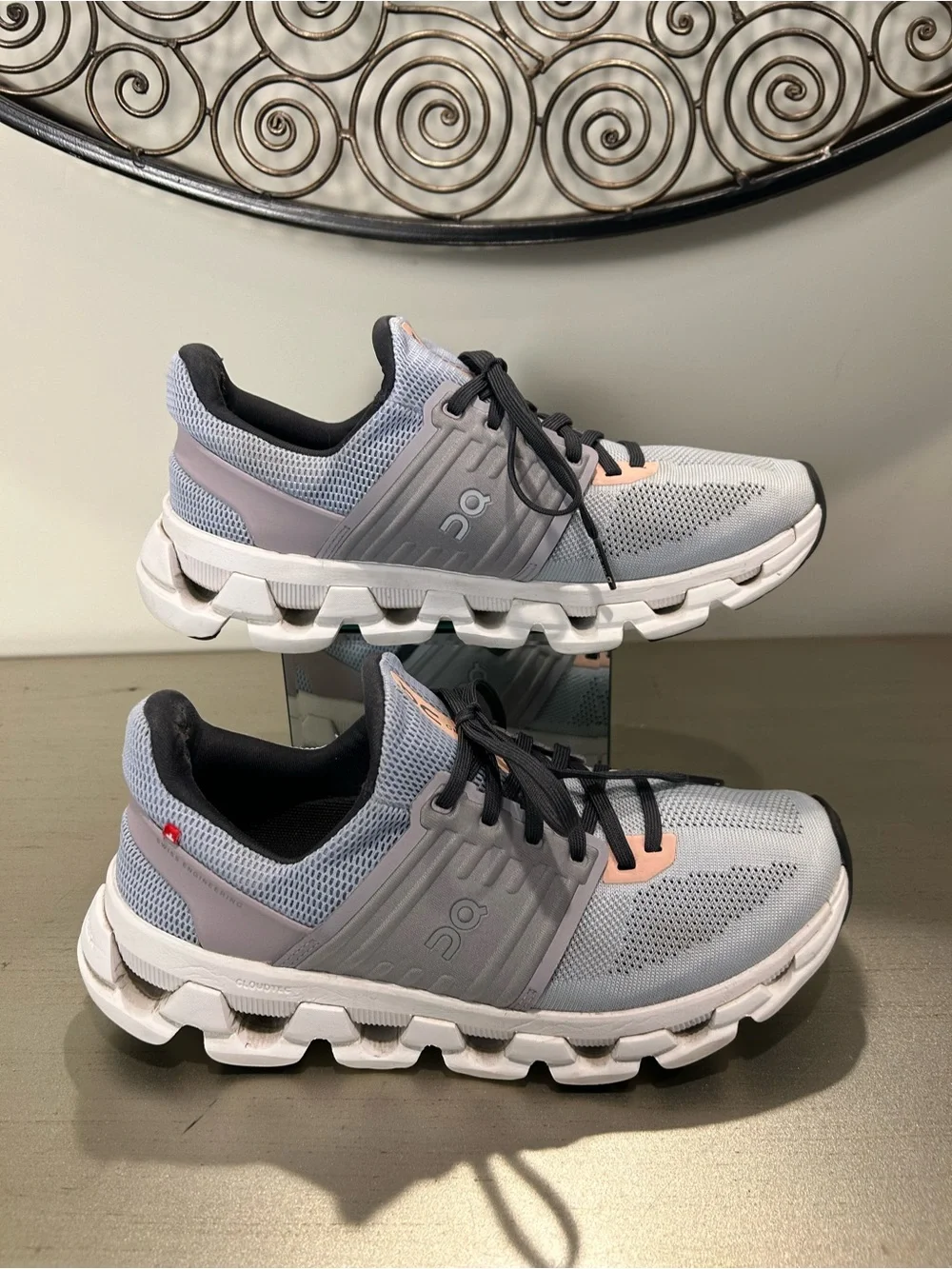 On Running women's Athletic Cloud Shoes in Light Grey with Blush Accents