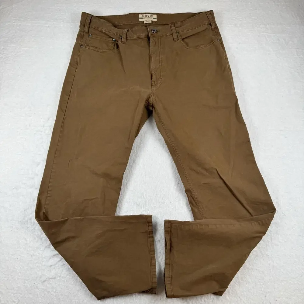 Orvis Jeans Mens Size 38x30 Brown Five Pocket Straight Leg Stretch Denim Casual