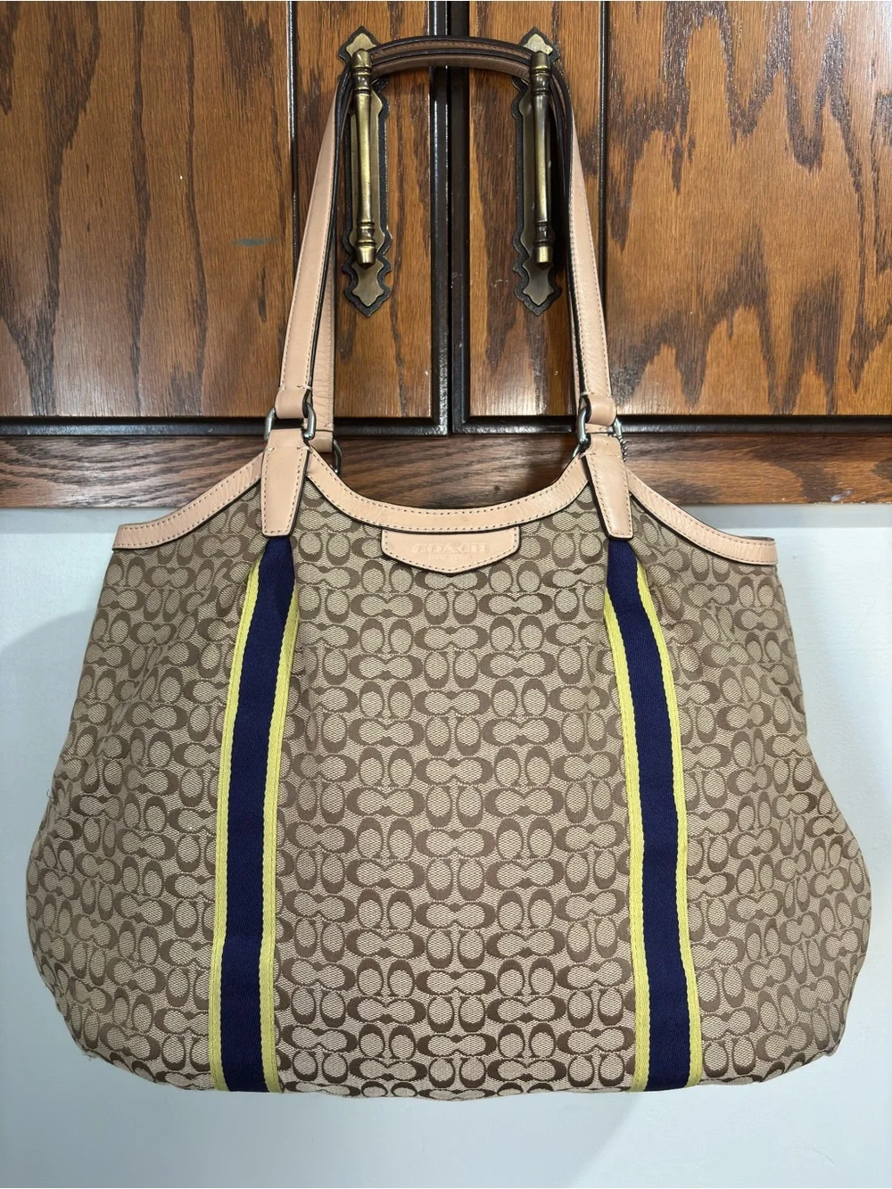 Coach Tan Signature Monogram Canvas Tote Shoulder Bag Navy Yellow Stripes