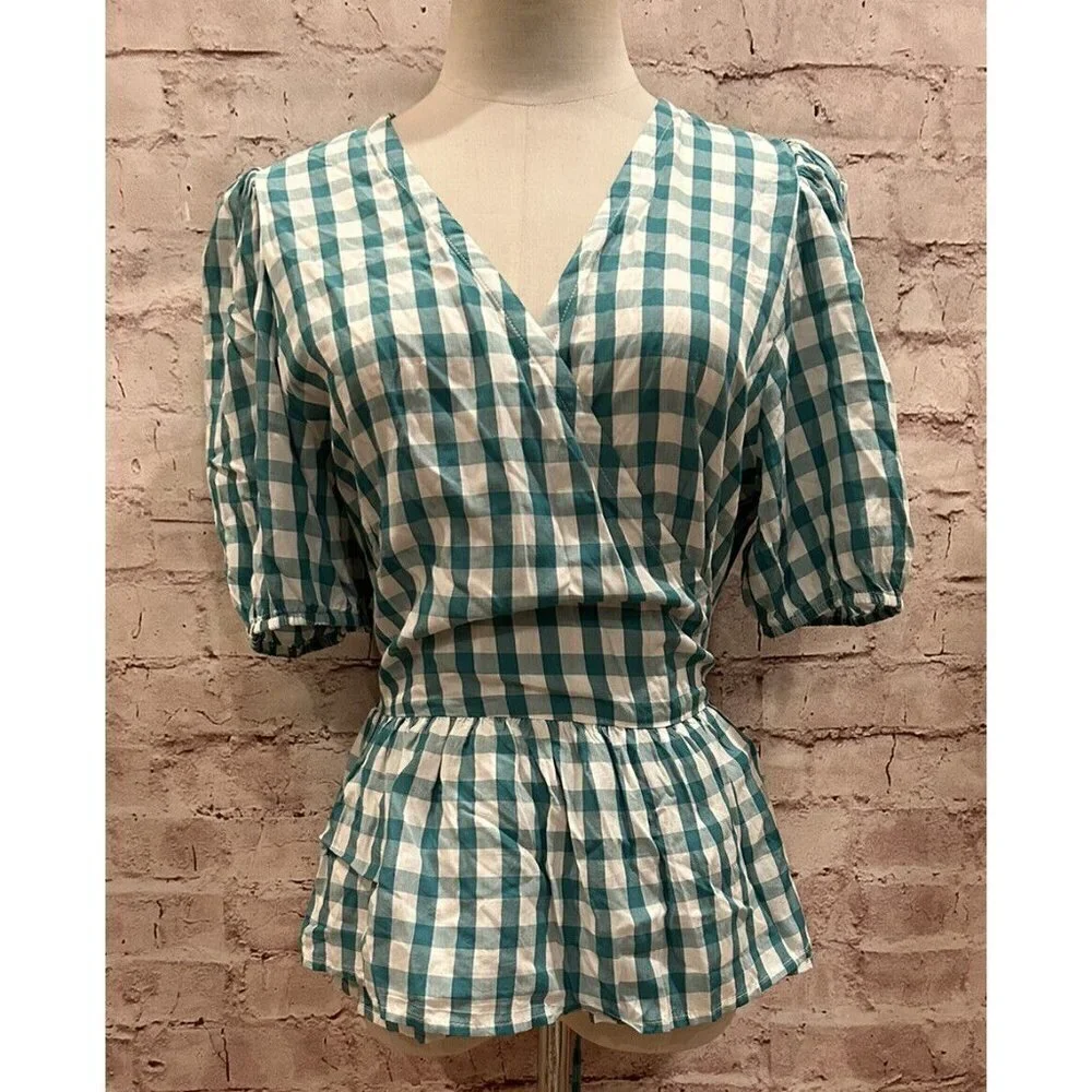 Loft Wrap Blouse Green Gingham Check Top Short Puff Sleeve Tie Waist Size S