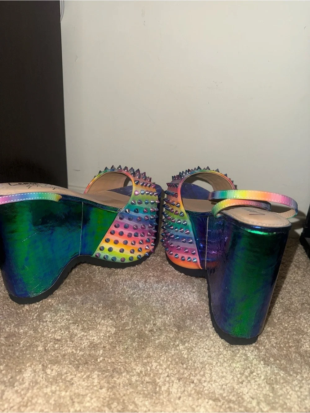 Dolls Kill Privileged Rainbow Studded Green Iridescent Platform Sandals