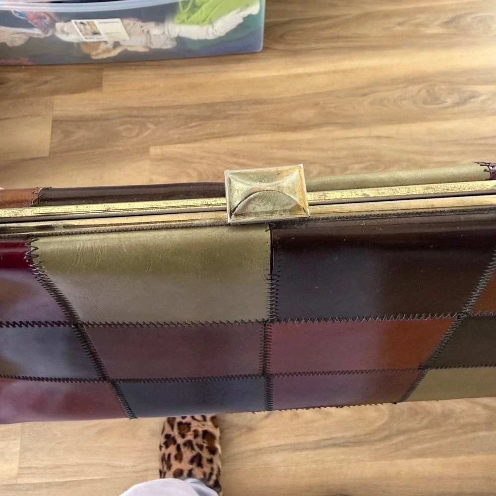 Vintage Leather Patchwork Handbag Multi Color Earth Tone Frame Satchel Bag
