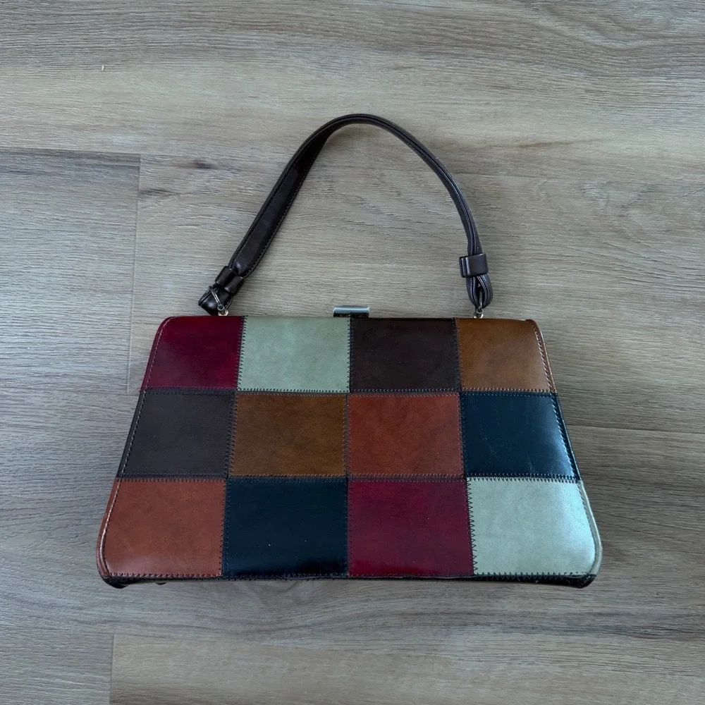 Vintage Leather Patchwork Handbag Multi Color Earth Tone Frame Satchel Bag