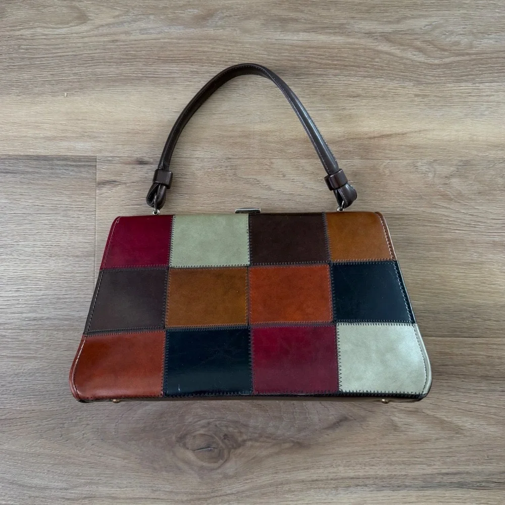 Vintage Leather Patchwork Handbag Multi Color Earth Tone Frame Satchel Bag
