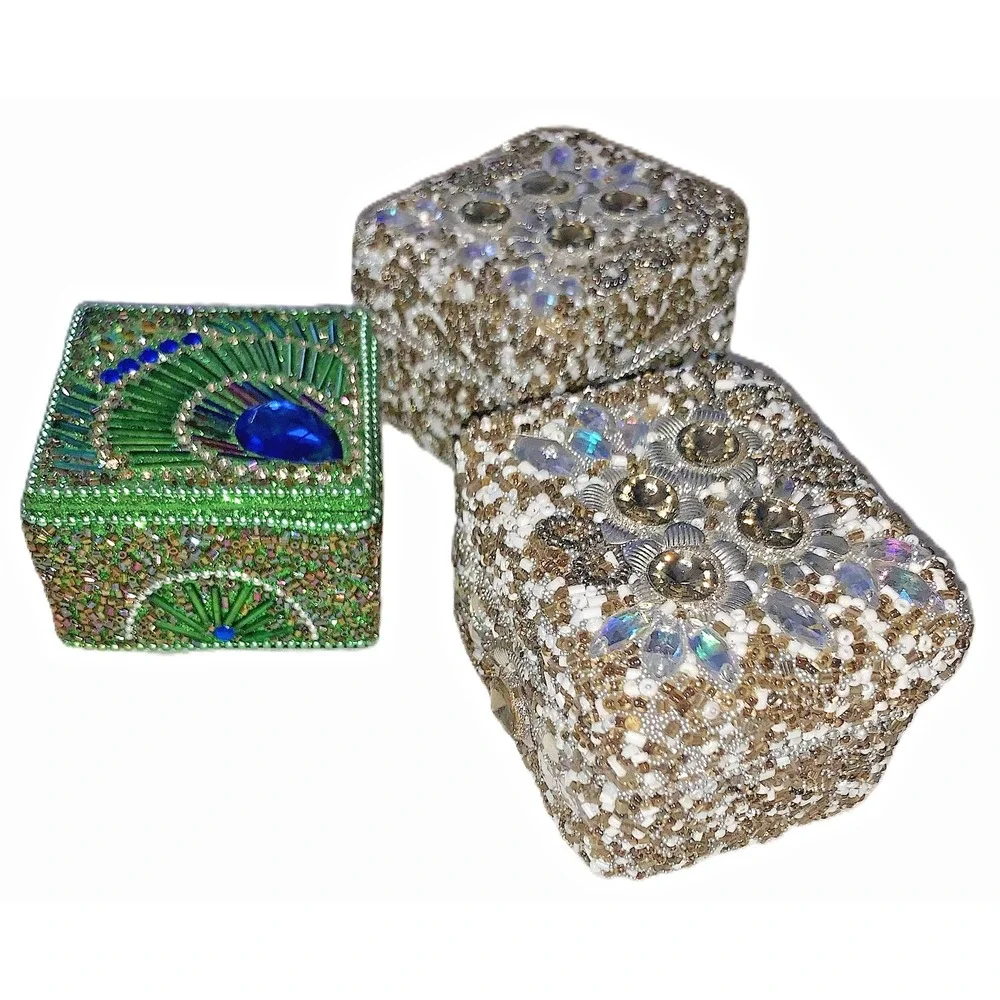 3 Jeweled Sequined Trinket Jewelry Gift Boxes Small 2-1/2