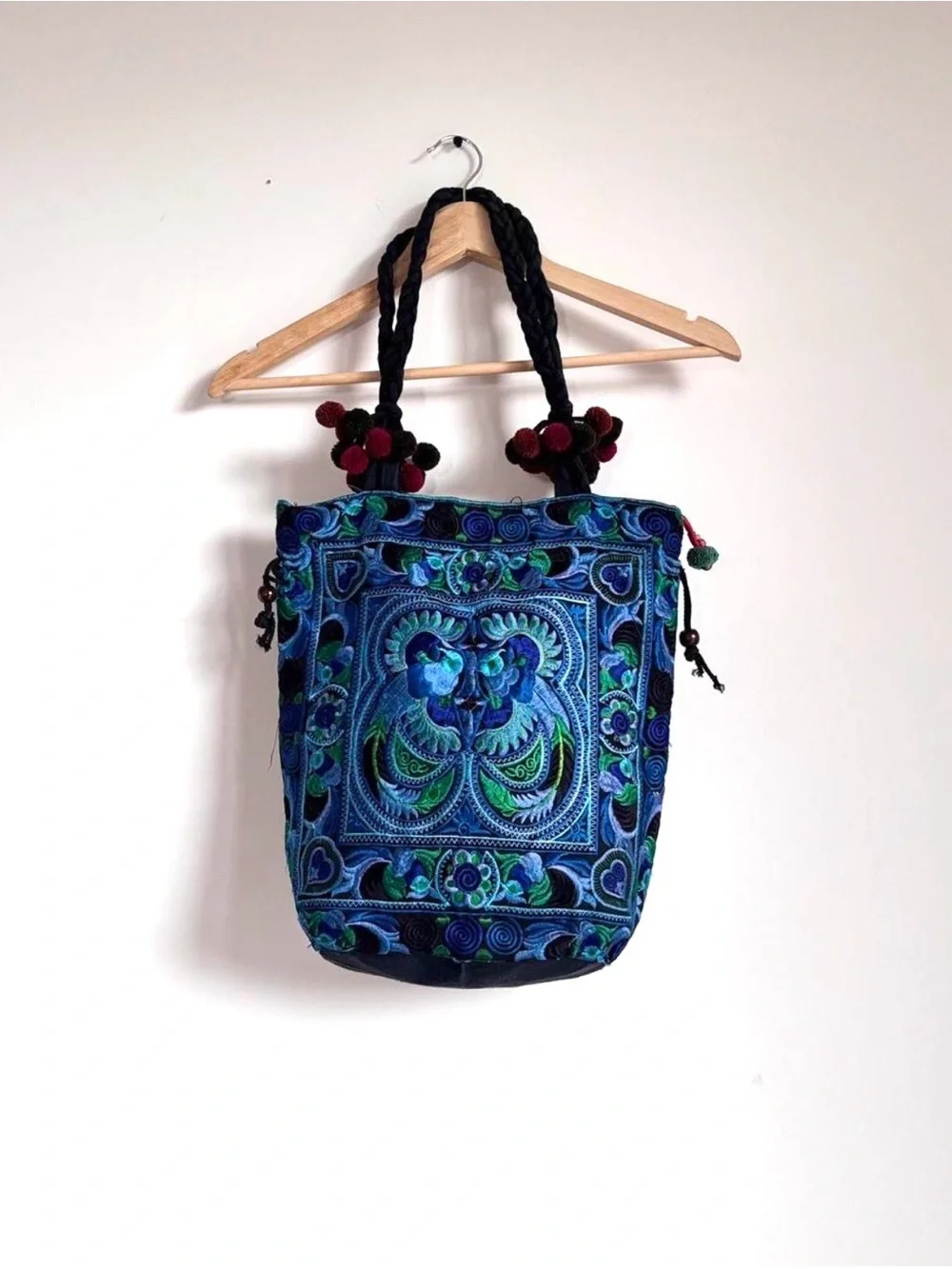 aMano Fair Trade Blue Green Embroidered Bird Boho Tote Bag Pom Poms