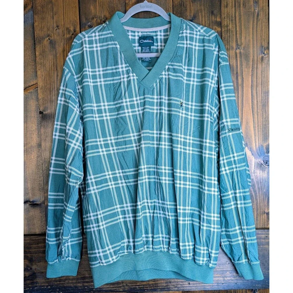 Vintage Catalina Golf Pullover Windbreaker Mens L Green Plaid V Neck Nylon...