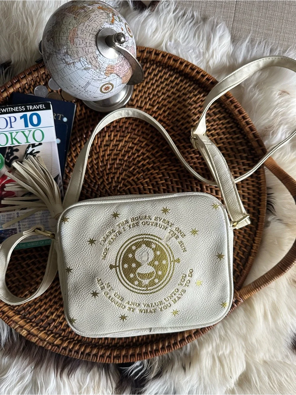 LOUNGEFLY Harry Potter Time Turner Cream Gold-Print Tassel Crossbody Bag