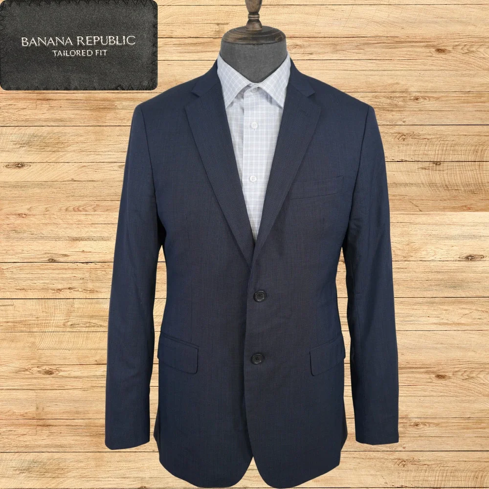 Banana Republic Tailored Fit Suit Jacket Mens 40R Navy Blue 100% Wool Check