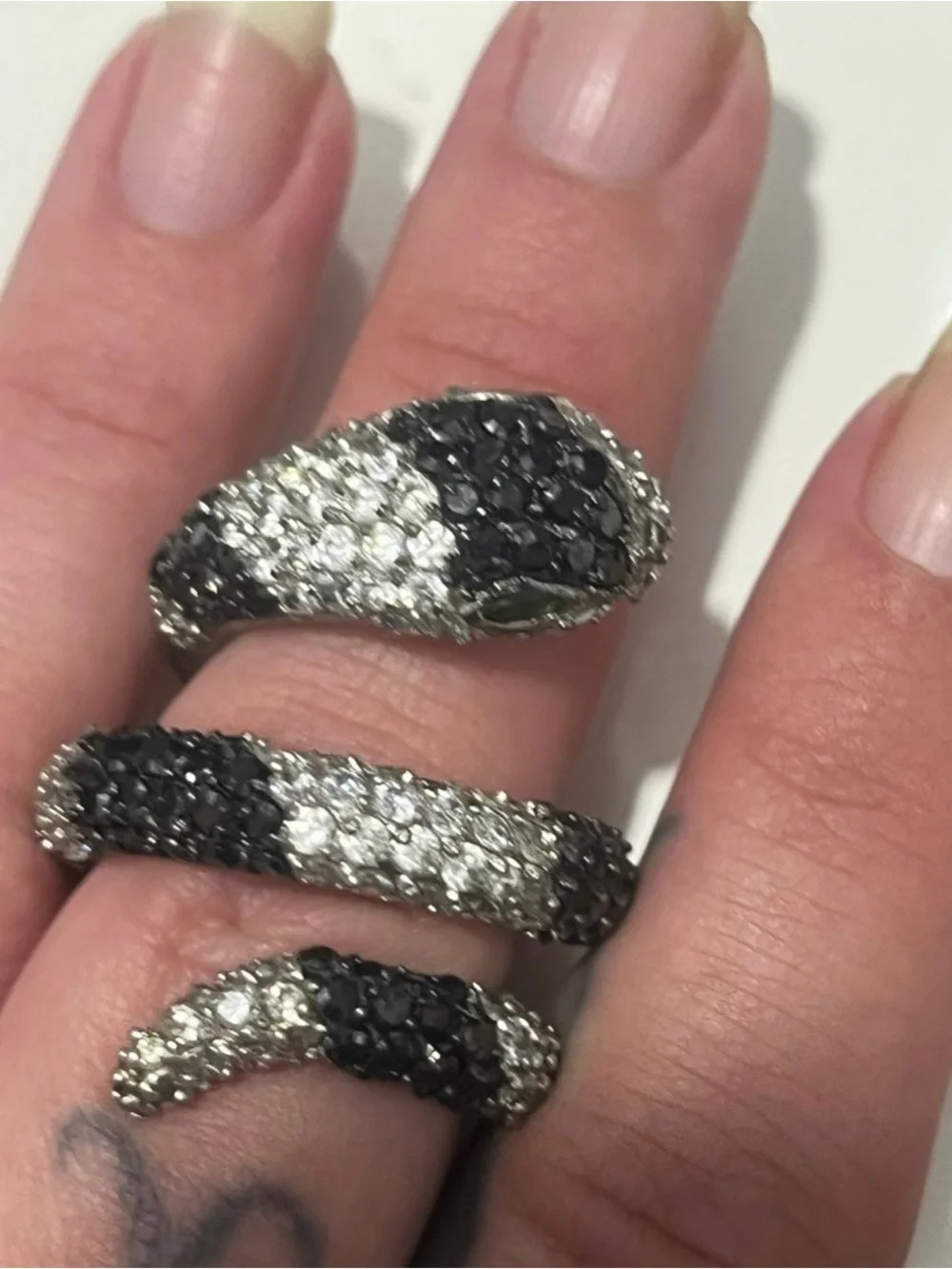 Black & White Snake Coil Ring with Sparkling Diamond Accents