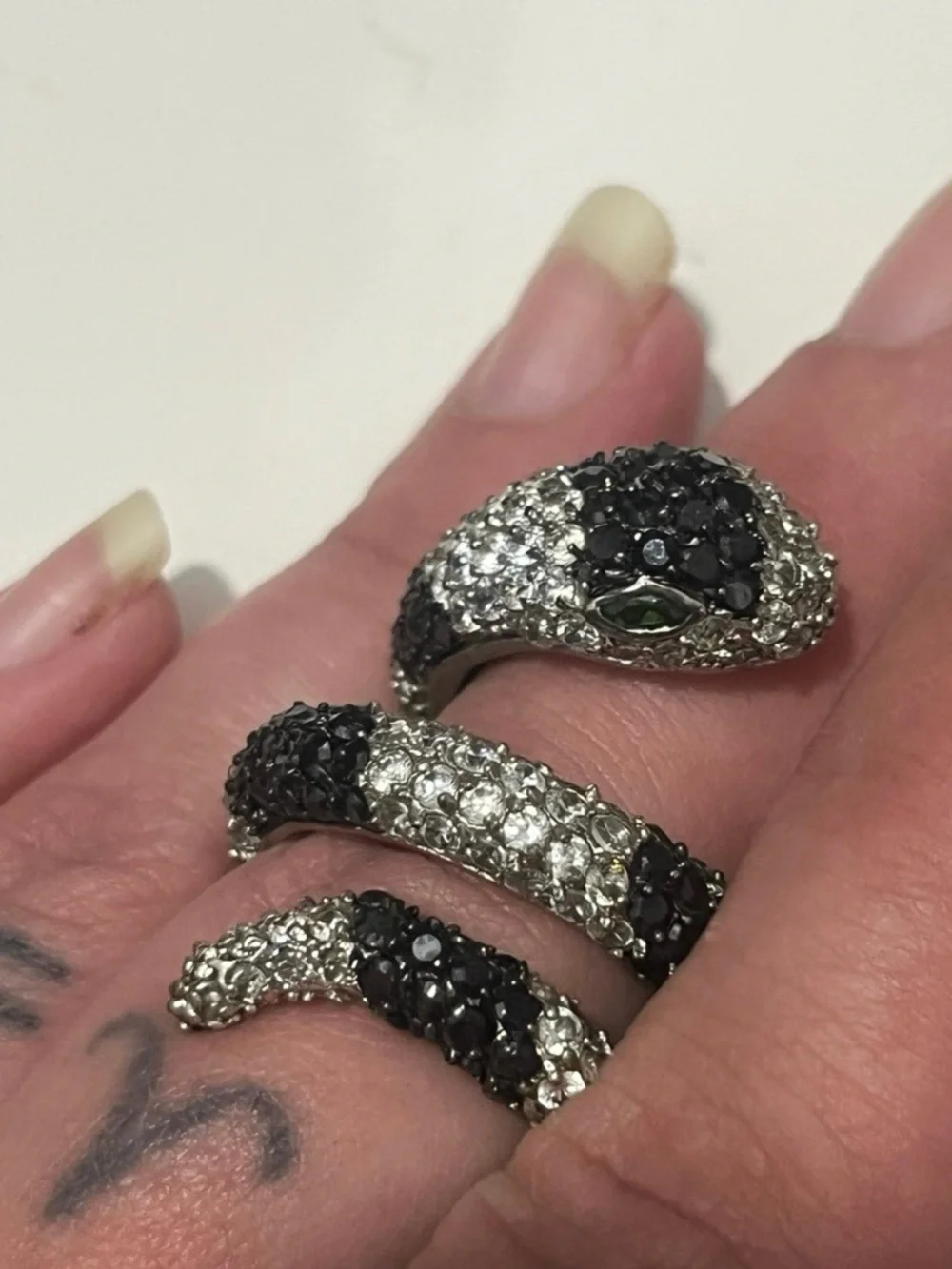 Black & White Snake Coil Ring with Sparkling Diamond Accents