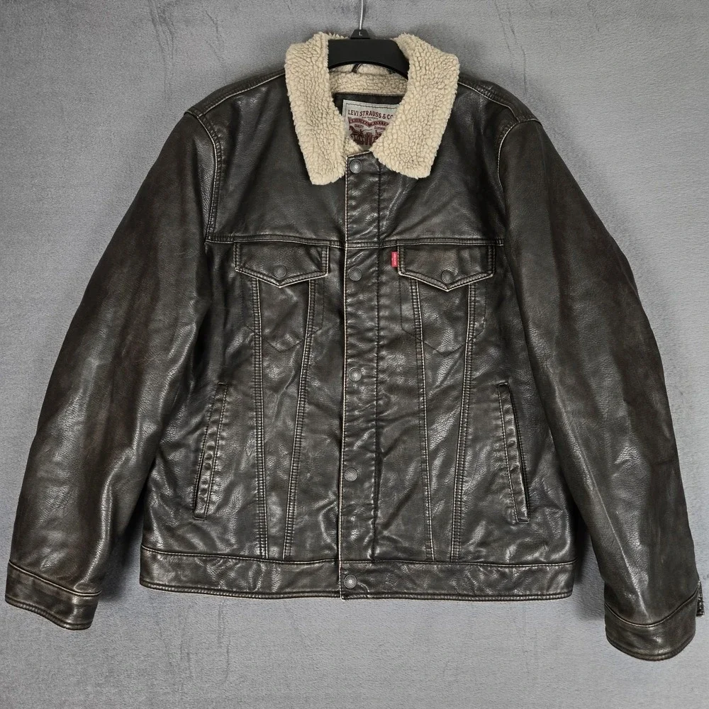 Levis Faux Leather Sherpa Aviator Bomber Jacket Men Large 46 Dark Brown Full Zip