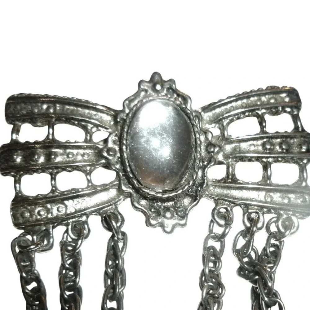 Vintage Silver Tone Bow Brooch‎ with Draping Chains and Faux Moonstone Cabochon
