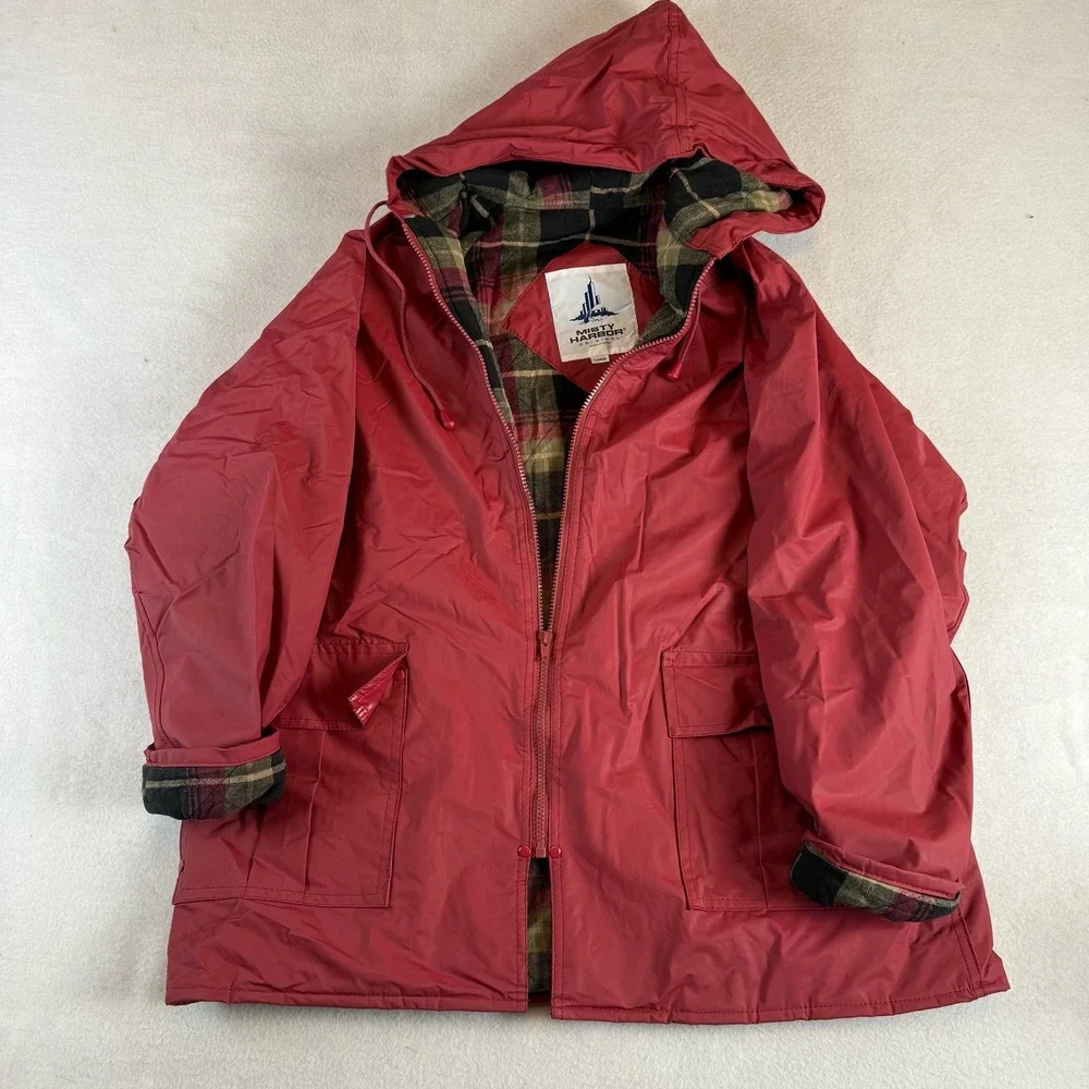 90s Misty Harbor Original Mens Red Hooded Rain Jacket Plaid Flannel Lined Large