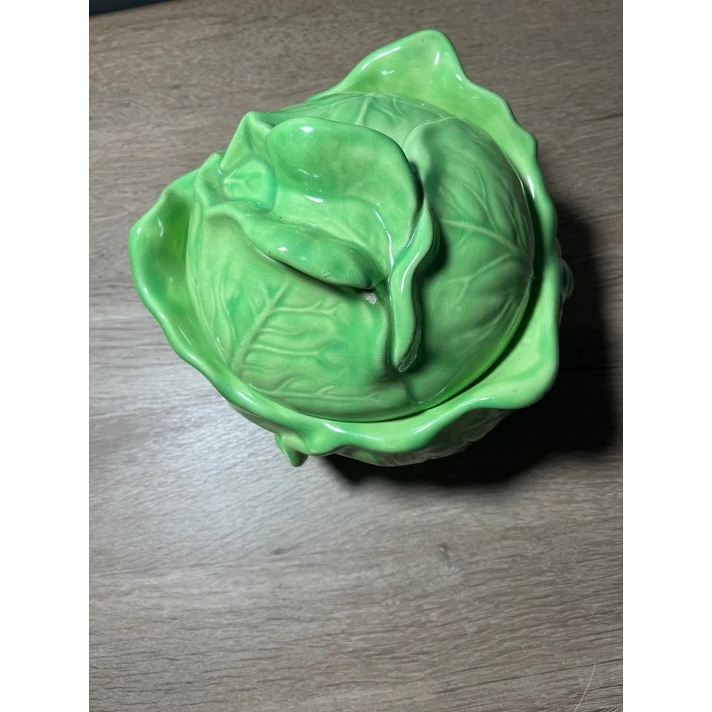 Vtg Green Cabbage Ceramic Dish/ Lid - HOLLAND MOLD‎