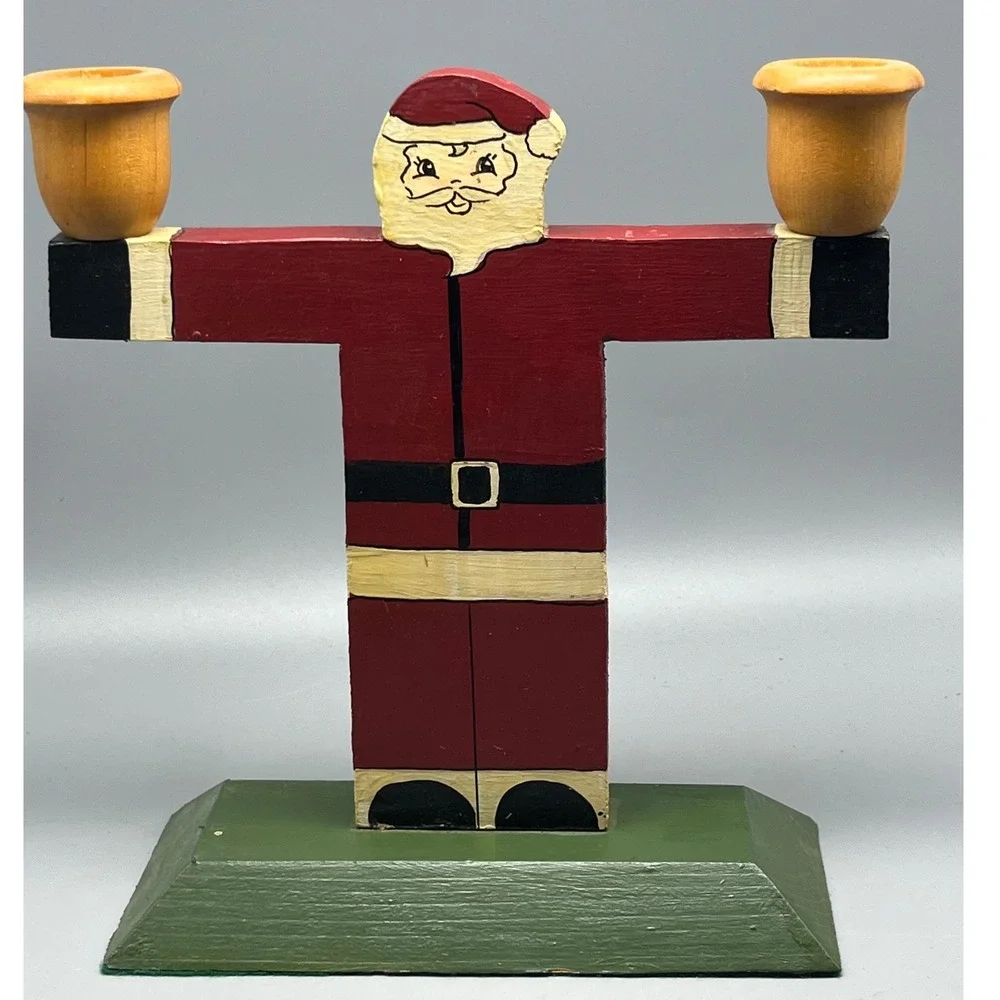 Vintage Hand-painted wooden Santa folk art Candle Holder‎