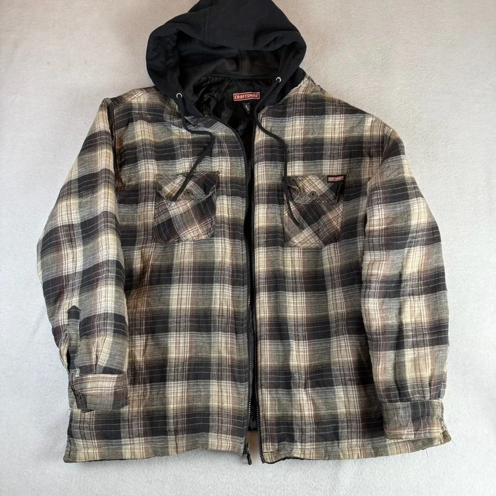 Craftsman Mens XL Hooded Plaid Flannel Jacket Quilted Lined Brown Black Workwear